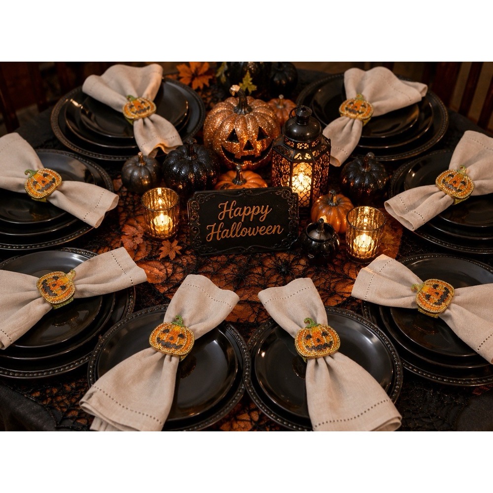 Tahari Home Fly By Night Beaded Pumpkin Jack O'Lantern Napkin Rings Set of 8 NIB